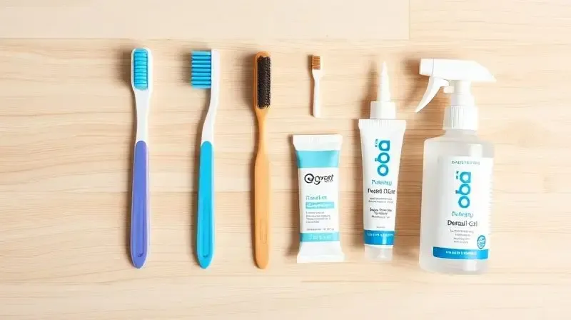 Acessórios de higiene bucal para cães, incluindo escova, dedeira e gel dental, organizados sobre uma superfície de madeira.