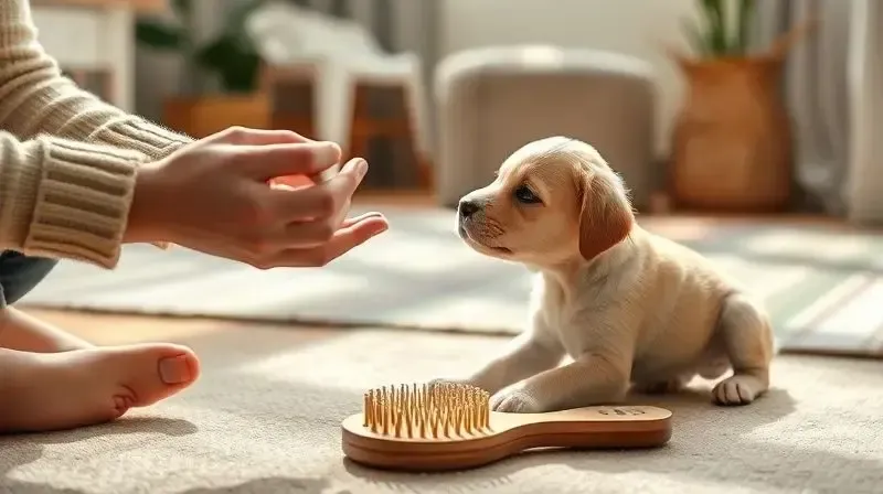 Uma pessoa oferecendo um petisco a um filhote de cachorro para criar uma associação positiva com a escova que está ao lado no chão.
