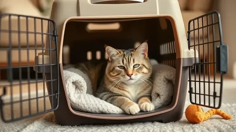Gato tranquilo descansa dentro de uma caixa de transporte aberta com uma manta, criando uma associação positiva com o objeto em casa.