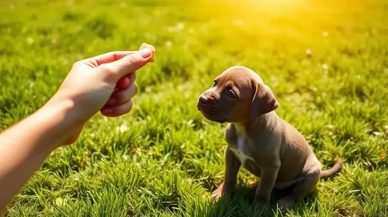 Filhote de Cane Corso em uma sessão de adestramento positivo, focado em receber um petisco como recompensa pela obediência.