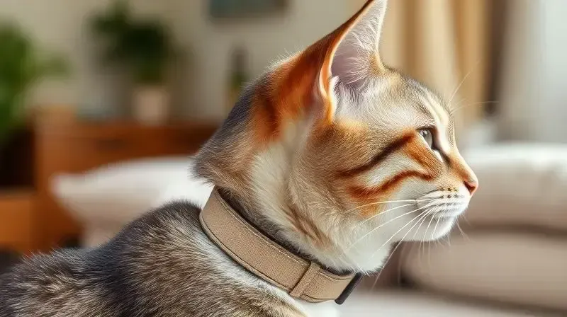 Gato de perfil usando uma coleira com o ajuste perfeito e confortável, mostrando o espaço correto entre o pescoço e o acessório para garantir segurança.