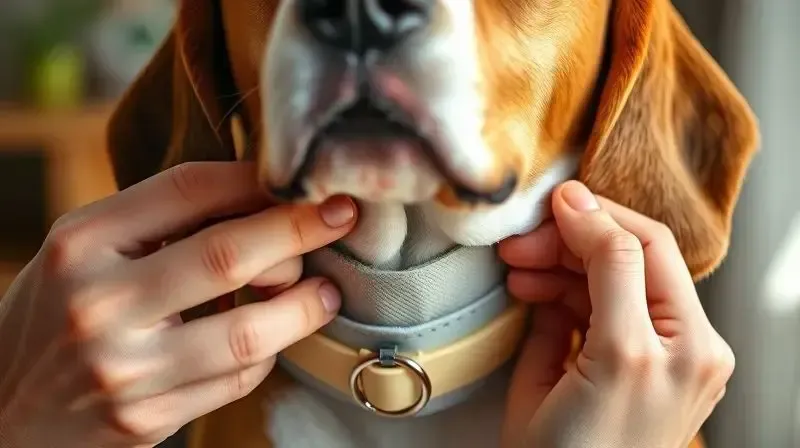 Mãos ajustando uma coleira antipulgas no pescoço de um cão, com espaço de dois dedos para garantir o tamanho e ajuste correto e confortável.