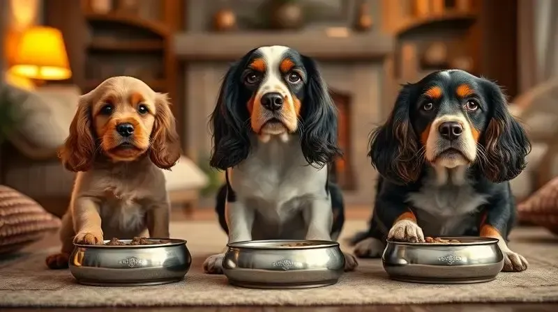Três cães Cocker Spaniel em diferentes fases da vida (filhote, adulto e sênior), ilustrando os cuidados nutricionais específicos para cada idade.