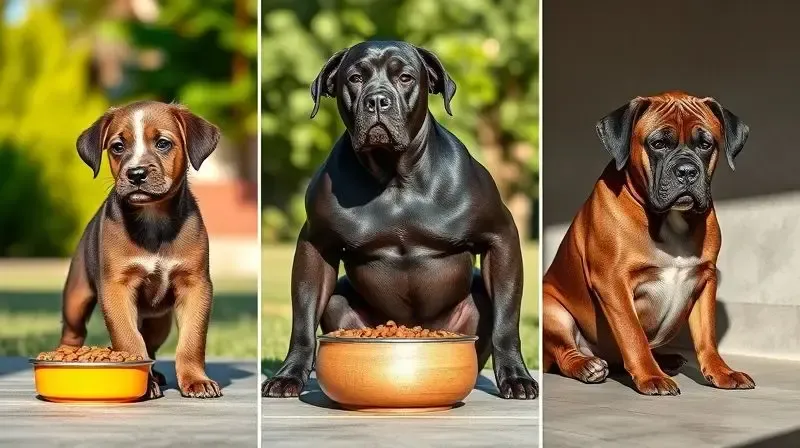 Comparativo visual da alimentação do Fila Brasileiro: um filhote, um adulto e um cão sênior, com suas porções de ração adequadas.