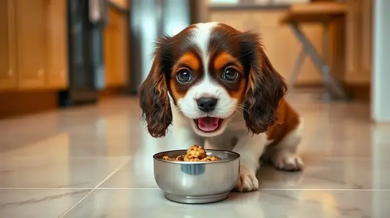 Filhote de Cavalier King Charles Spaniel comendo sua ração de uma tigela, destacando a alimentação correta para filhotes.
