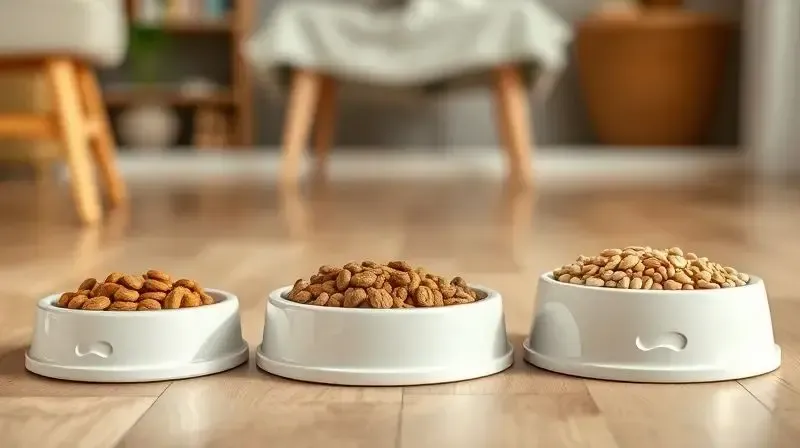 Três potes de ração para as diferentes fases da vida do Pequinês: filhote, adulto e sênior, demonstrando a alimentação correta para cada idade.