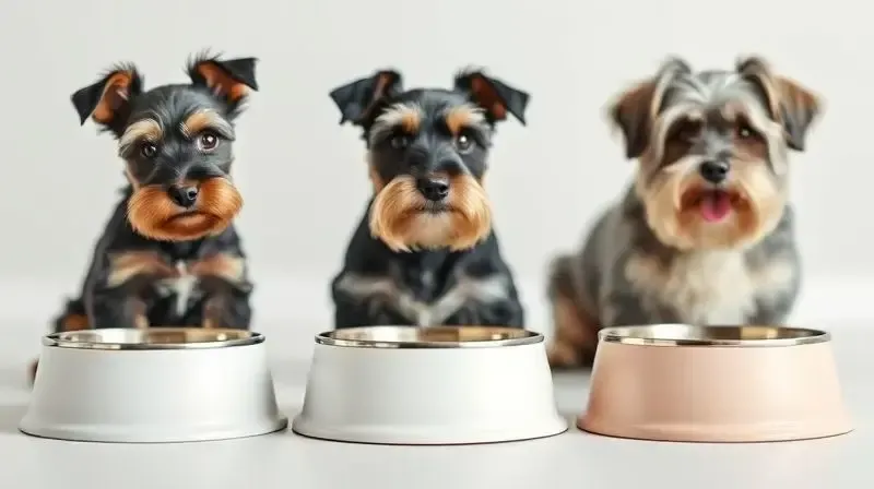 Três tigelas de ração representando a alimentação do Schnauzer nas fases de filhote, adulto e sênior, com os cães ao fundo.