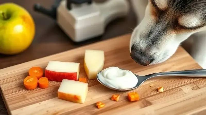 Pequenas porções de alimentos seguros para cães, como maçã e cenoura, representando petiscos que um Husky pode comer além da ração.