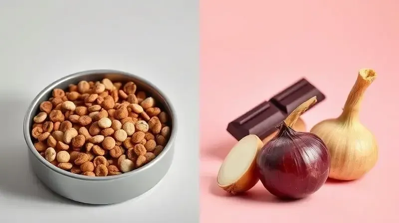 Alimentos proibidos para cães, como chocolate e uvas, separados de uma tigela de ração segura para Buldogue Francês.