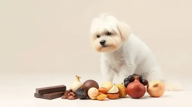 Cão Maltês recusa alimentos proibidos para cachorros, como chocolate e uvas, ilustrando a importância de uma dieta segura.