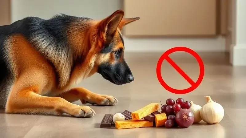 Um cão Pastor Alemão virando o rosto para recusar alimentos que são tóxicos para cachorros, como uvas e chocolate.