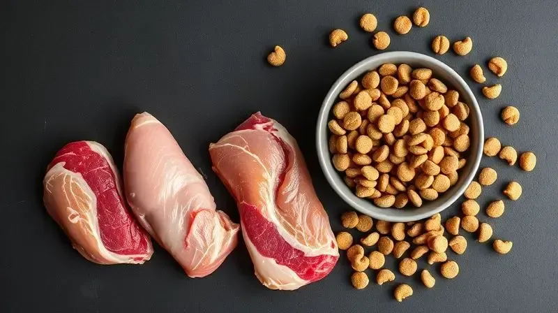 Ingredientes de alta proteína, como frango e carne, ao lado de ração, destacando a importância da fonte de proteína para Pitbulls.