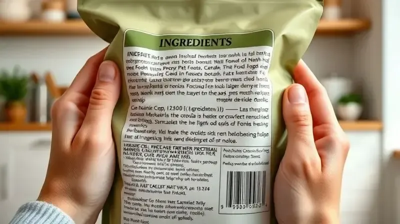 Pessoa analisando a lista de composição e ingredientes no verso de um pacote de ração para decidir se o alimento é de qualidade.