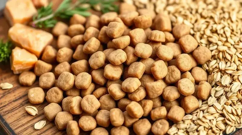 Análise de ingredientes de ração super premium, mostrando o grão de ração ao lado de ingredientes frescos como frango, aveia e arroz.