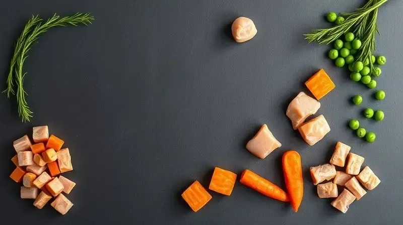 Análise de ingredientes de ração para gatos, mostrando pedaços de frango, peixe e vegetais frescos em uma superfície escura.