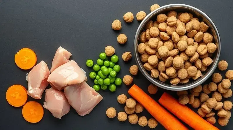 Análise nutricional da ração com ingredientes saudáveis como frango, cenoura e ervilhas dispostos ao lado de um pote de ração.