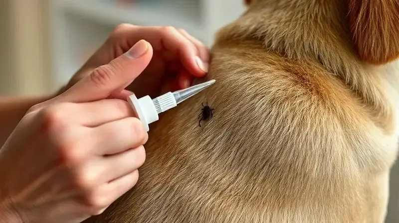 Aplicação de um remédio para carrapato tipo pipeta (spot-on) na nuca de um cão, com o pelo afastado.