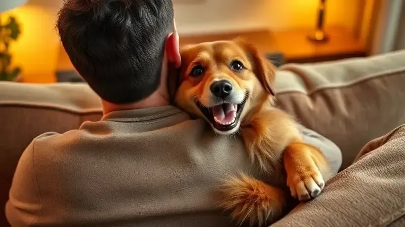 Tutor feliz abraçando seu cão saudável no sofá, representando uma avaliação positiva e a opinião de donos de pets sobre a ração.