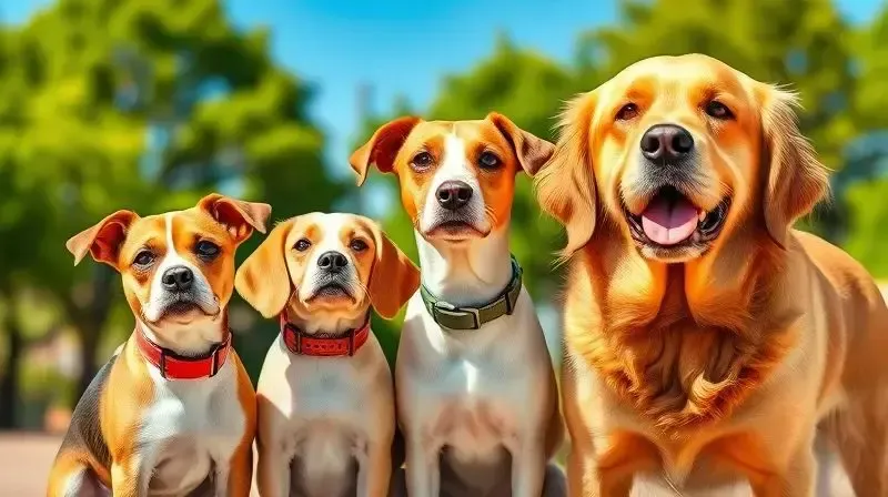 Três cães de portes e raças diferentes - pequeno, médio e grande - usando coleiras, ilustrando a importância de escolher o tamanho certo.