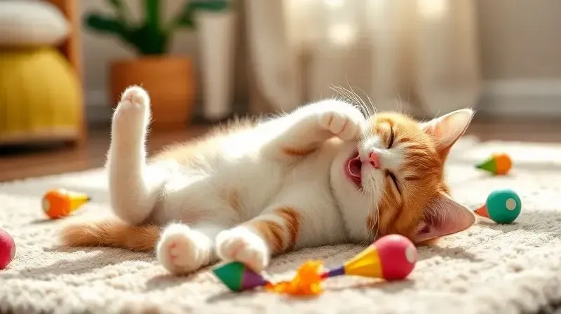 Gato feliz e saudável brincando ativamente no chão com seus brinquedos, demonstrando os benefícios da brincadeira para a saúde física e mental dos felinos.