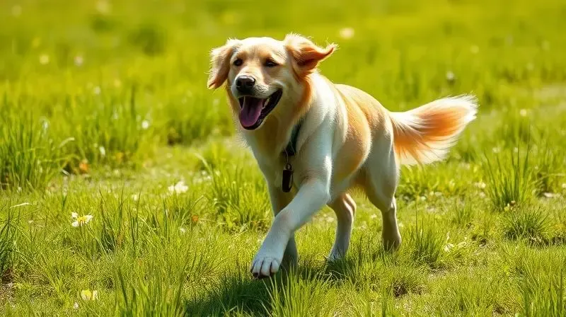 Golden Retriever saudável e feliz correndo em um campo, demonstrando os benefícios de uma dieta ideal e balanceada para a raça.