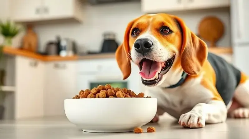 Cachorro idoso saudável comendo sua ração sênior, demonstrando os benefícios de uma dieta especializada para seu bem-estar e vitalidade.