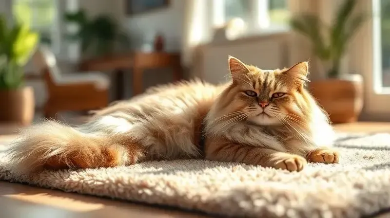 Gato de pelo longo saudável e brilhante relaxando feliz, demonstrando os benefícios da escovação regular.