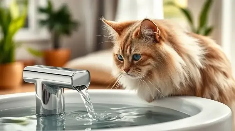 Gato saudável bebendo água fresca de um bebedouro fonte, ilustrando os benefícios de comprar um para o seu pet e incentivar a hidratação.