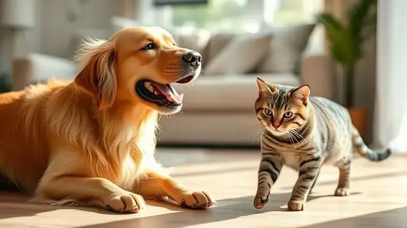 Cão e gato saudáveis e felizes brincando juntos, demonstrando os benefícios e prós do consumo de uma ração de qualidade como a Balance.