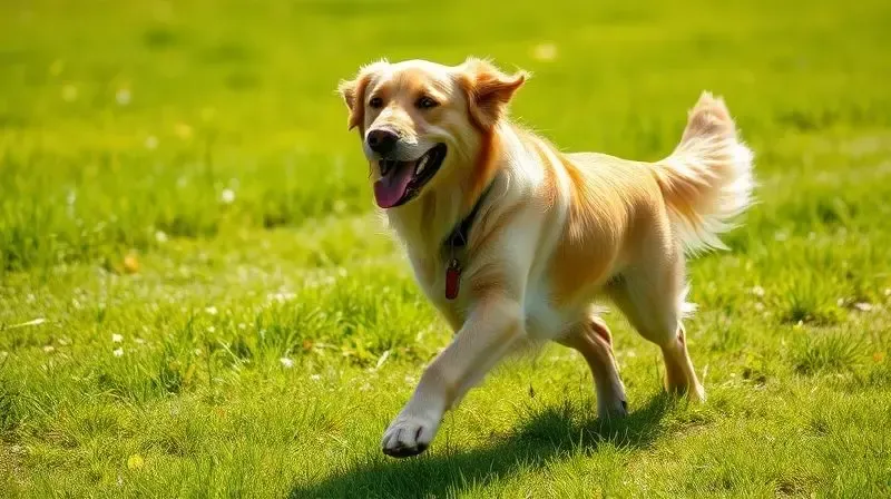 Um cão da raça Golden Retriever saudável e com pelo brilhante corre feliz em um campo verde, ilustrando os benefícios de uma alimentação com ração natural.