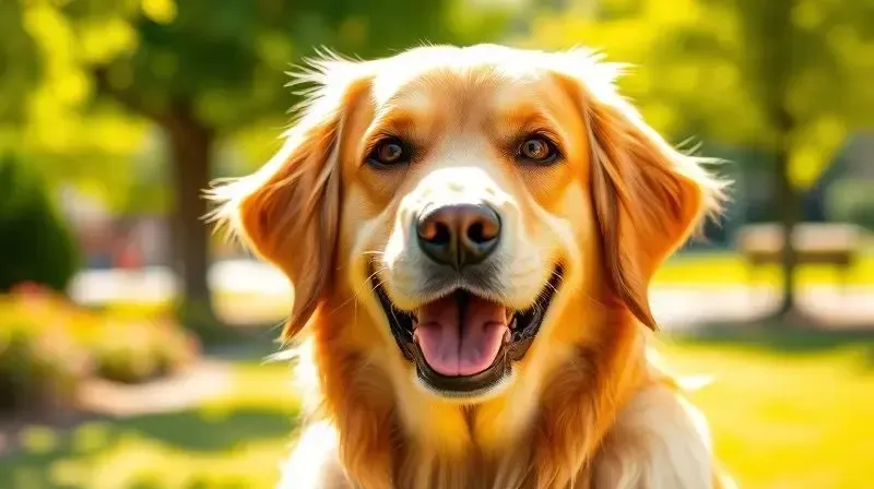 Cão da raça Golden Retriever com pelo brilhante e aparência saudável, exemplificando os benefícios de uma ração de qualidade como a Naturalis.