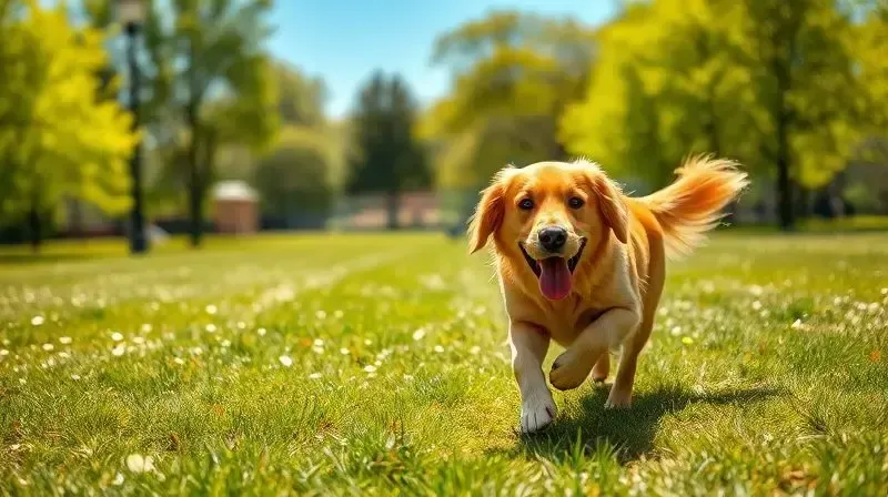 Cão saudável e feliz correndo na grama, representando os benefícios da ração Pedigree para a vitalidade e bem-estar do animal.