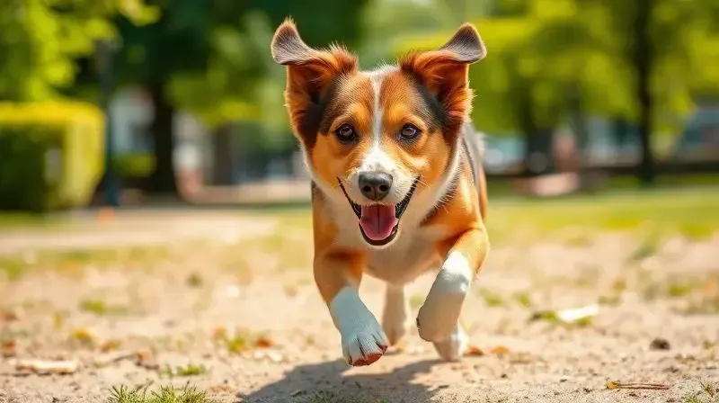 Cão vira-lata saudável e com pelo brilhante correndo feliz, demonstrando os benefícios de uma ração de qualidade.