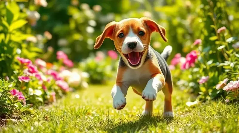 Um filhote de cachorro beagle saudável e com a pelagem brilhante correndo em um gramado, demonstrando os benefícios de uma ração de qualidade.
