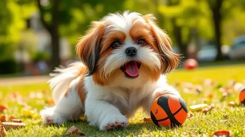 Um cão Shih Tzu saudável e feliz, com pelos brilhantes, mostrando os benefícios de uma ração de qualidade para sua saúde e bem-estar geral.
