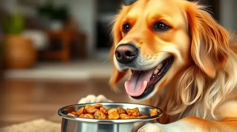 Cão Golden Retriever comendo ração úmida com satisfação, demonstrando os benefícios de uma pelagem saudável e hidratação.