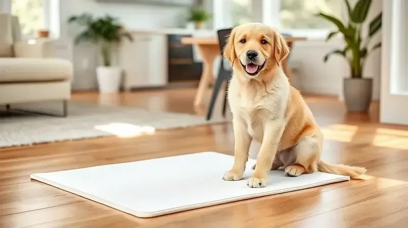 Cachorro filhote feliz ao lado de um tapete higiênico limpo, demonstrando os benefícios de usar o produto para manter a casa higienizada.