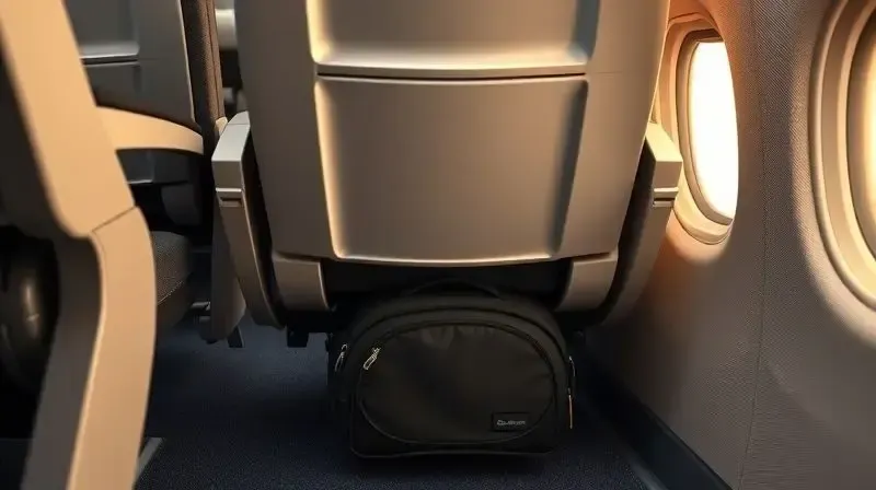 Bolsa de transporte para pet posicionada corretamente embaixo do assento de um avião, seguindo as regras para viagens aéreas.