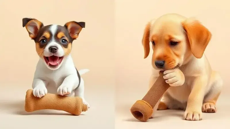 Comparativo de um filhote de porte pequeno e um de porte grande, cada um com um brinquedo adequado ao seu tamanho e força de mordida.
