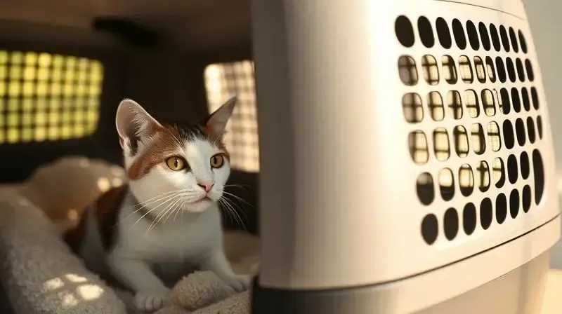 Gato calmo e confortável dentro de uma caixa de transporte bem ventilada, olhando pela grade de ventilação.