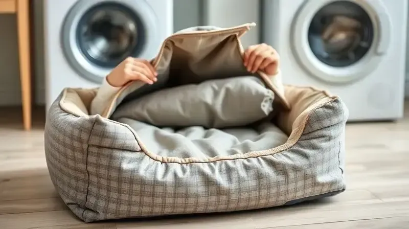 Pessoa removendo a capa com zíper de uma caminha de cachorro para lavagem, destacando a praticidade da manutenção.