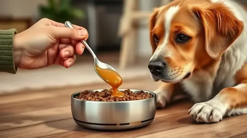 Pessoa misturando um alimento úmido na ração seca para incentivar um cão idoso que não quer comer, uma solução prática para o problema.