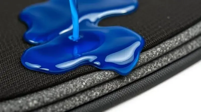Visão em close-up da seção transversal de um tapete higiênico, mostrando as camadas de absorção com gel e carvão ativado em ação.