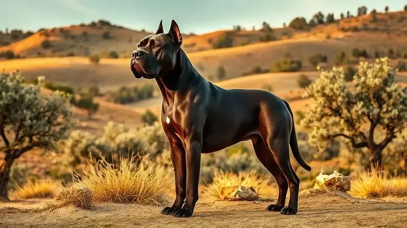 Um Cane Corso de porte atlético em uma paisagem rústica italiana, exibindo as características físicas marcantes da raça.