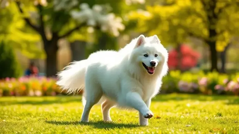 Cão Samoieda adulto correndo feliz em um parque, mostrando a personalidade dócil e o comportamento energético da raça.