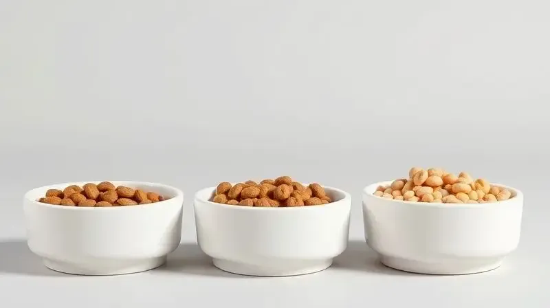 Três tigelas alinhadas com diferentes rações, ilustrando as categorias Super Premium, Premium e Standard para gatos filhotes.