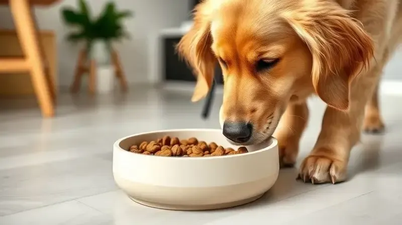 Golden Retriever comendo ração em um comedouro lento, uma solução para fazer o cachorro comer mais devagar e melhorar a digestão.