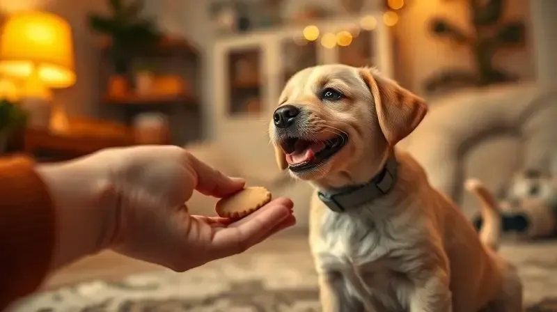 Uma pessoa oferece um petisco a um filhote de cachorro para criar uma associação positiva ao acostumá-lo com sua nova coleira.