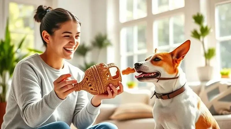 Tutor de cão usando reforço positivo com petiscos para acostumar um cachorro a usar a focinheira de forma gradual e amigável.