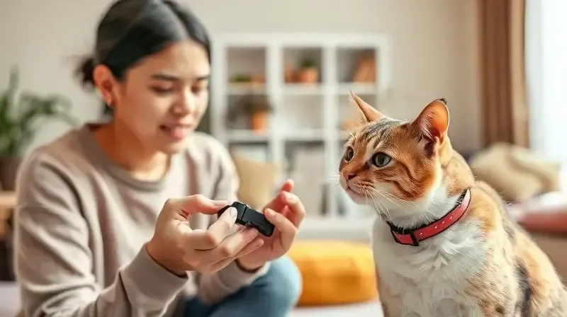 Gato curioso cheirando uma coleira nova sendo oferecida por seu tutor, como parte do processo de adaptação e reforço positivo.
